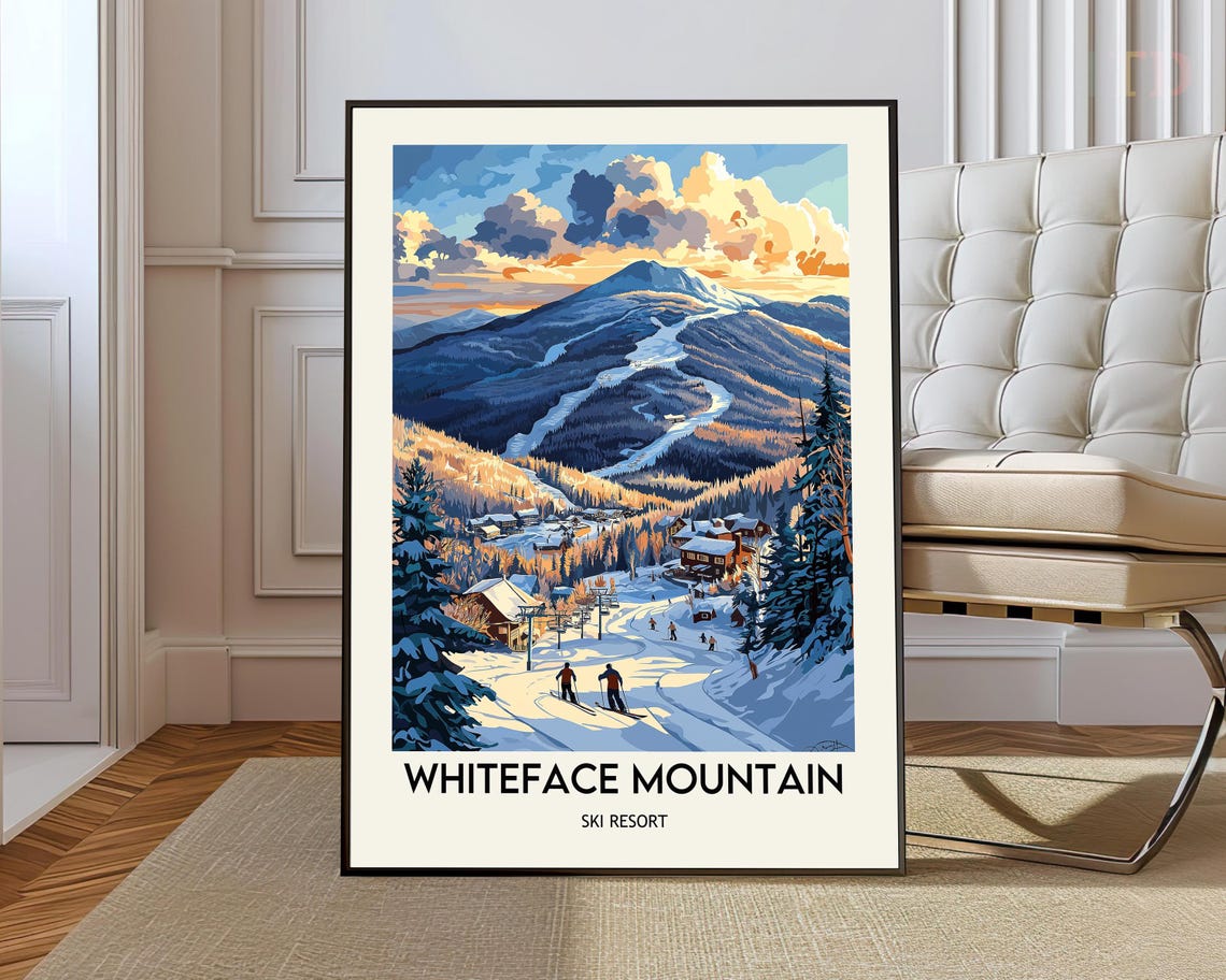 Whiteface Mountain Ski Resort Sunset Slopes Vintage Travel Poster