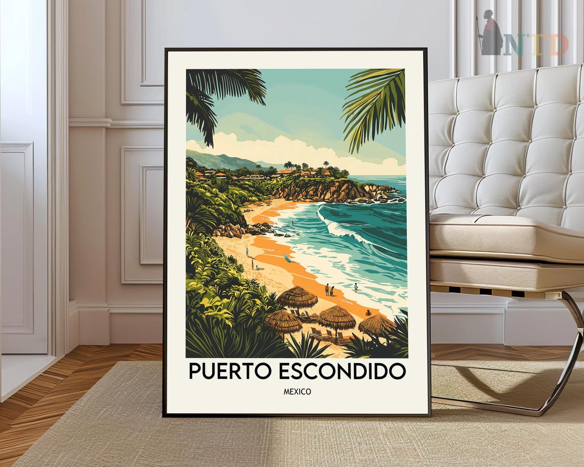 Puerto Escondido Mexico Beach Vintage Travel Poster Surf Waves