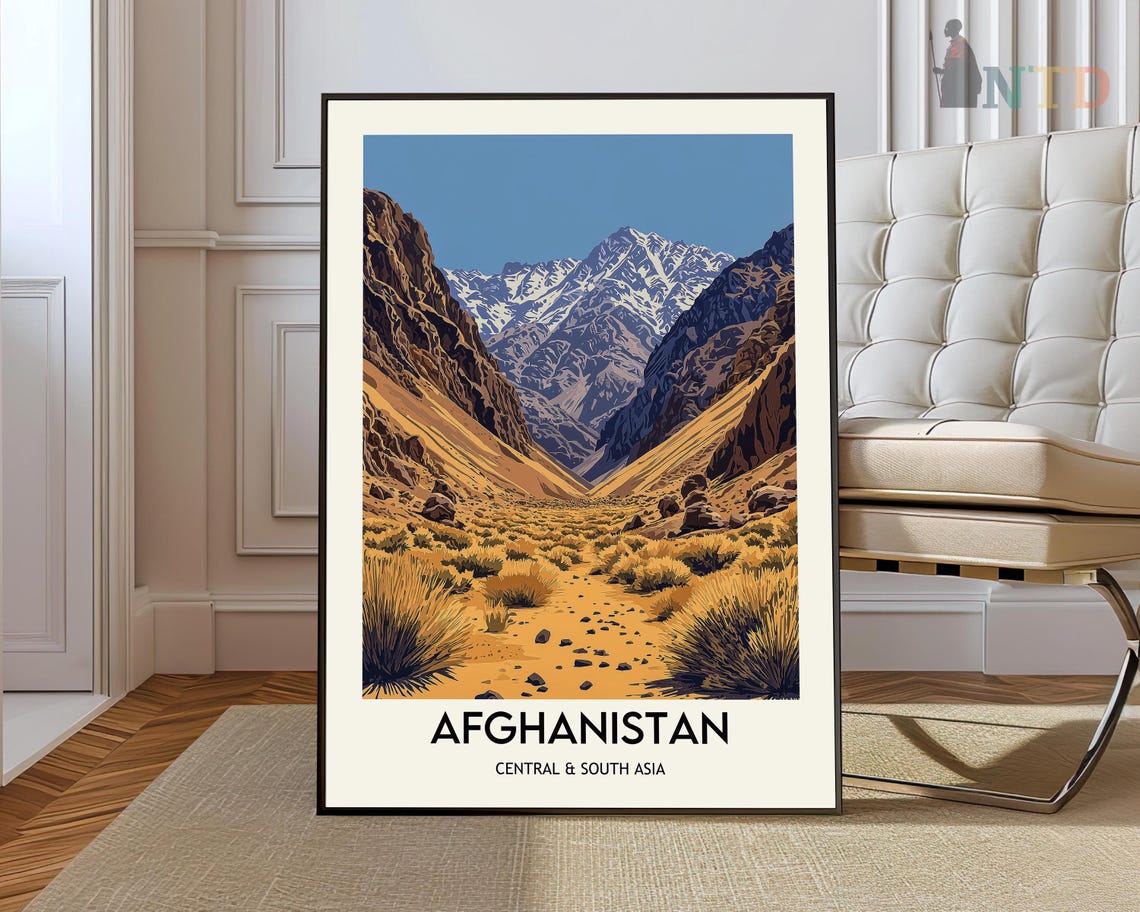 Snow Capped Peaks Over a Desert Valley Afghanistan Travel Poster