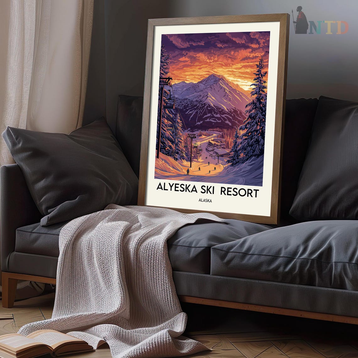Purple Sunset and Chairlift Alyeska Ski Resort Alaska Travel Poster - Image 3