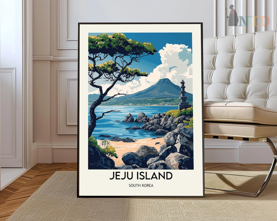 Jeju Island South Korea Hallasan Volcano Coast Vintage Travel Poster