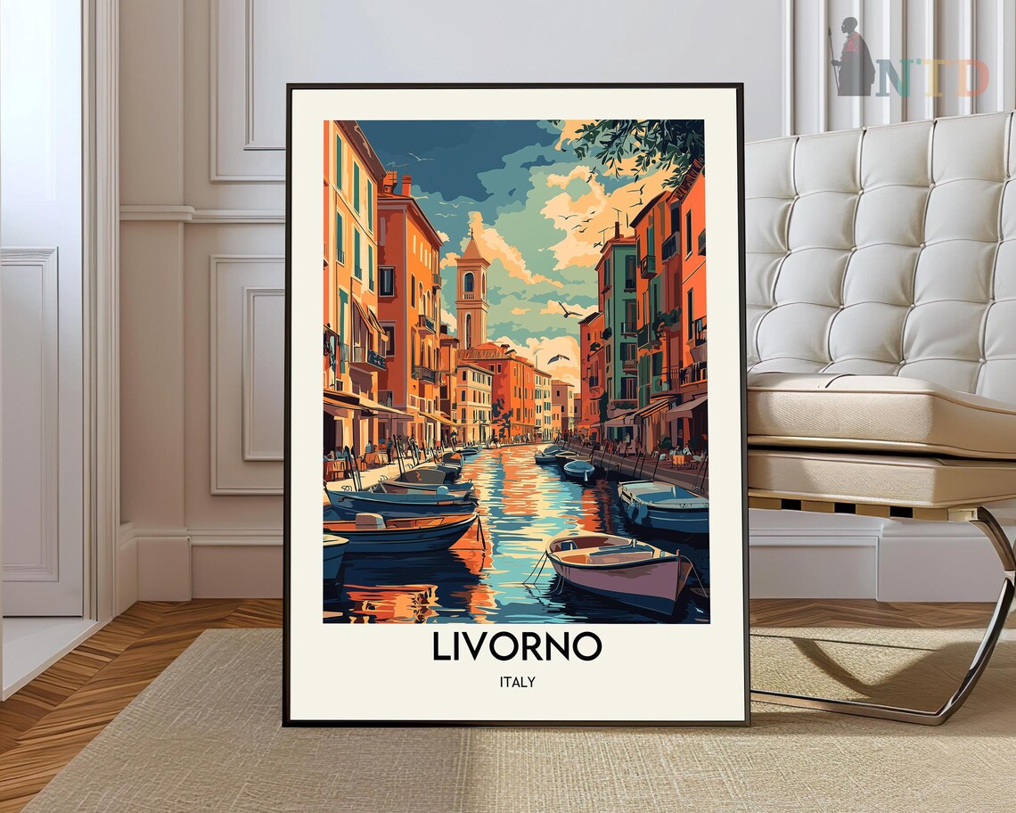 Livorno Italy Sunset Canal Boats Bell Tower City Travel Poster