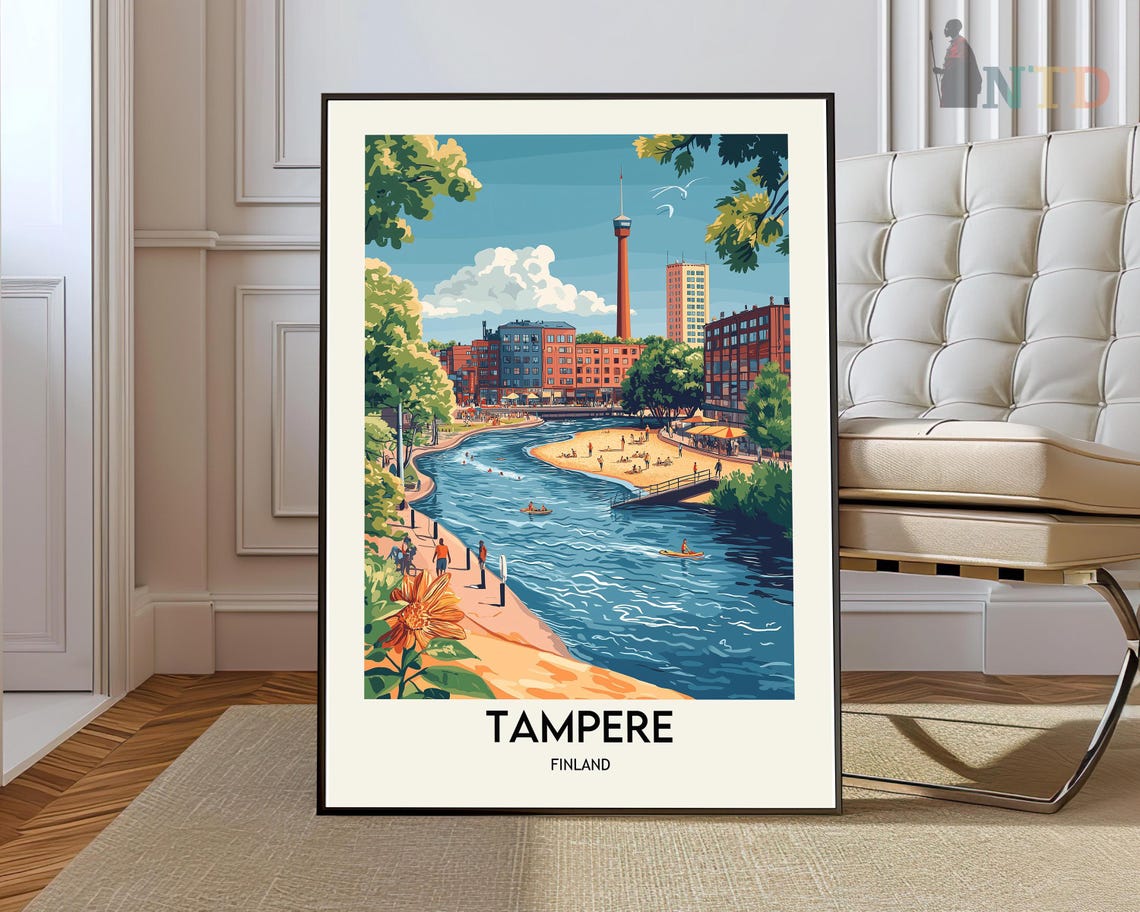 Tampere Finland Kayakers Along the Riverside Summer Travel Poster