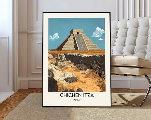 Chichen Itza Mexico Mayan Pyramid Golden Grassland Travel Poster