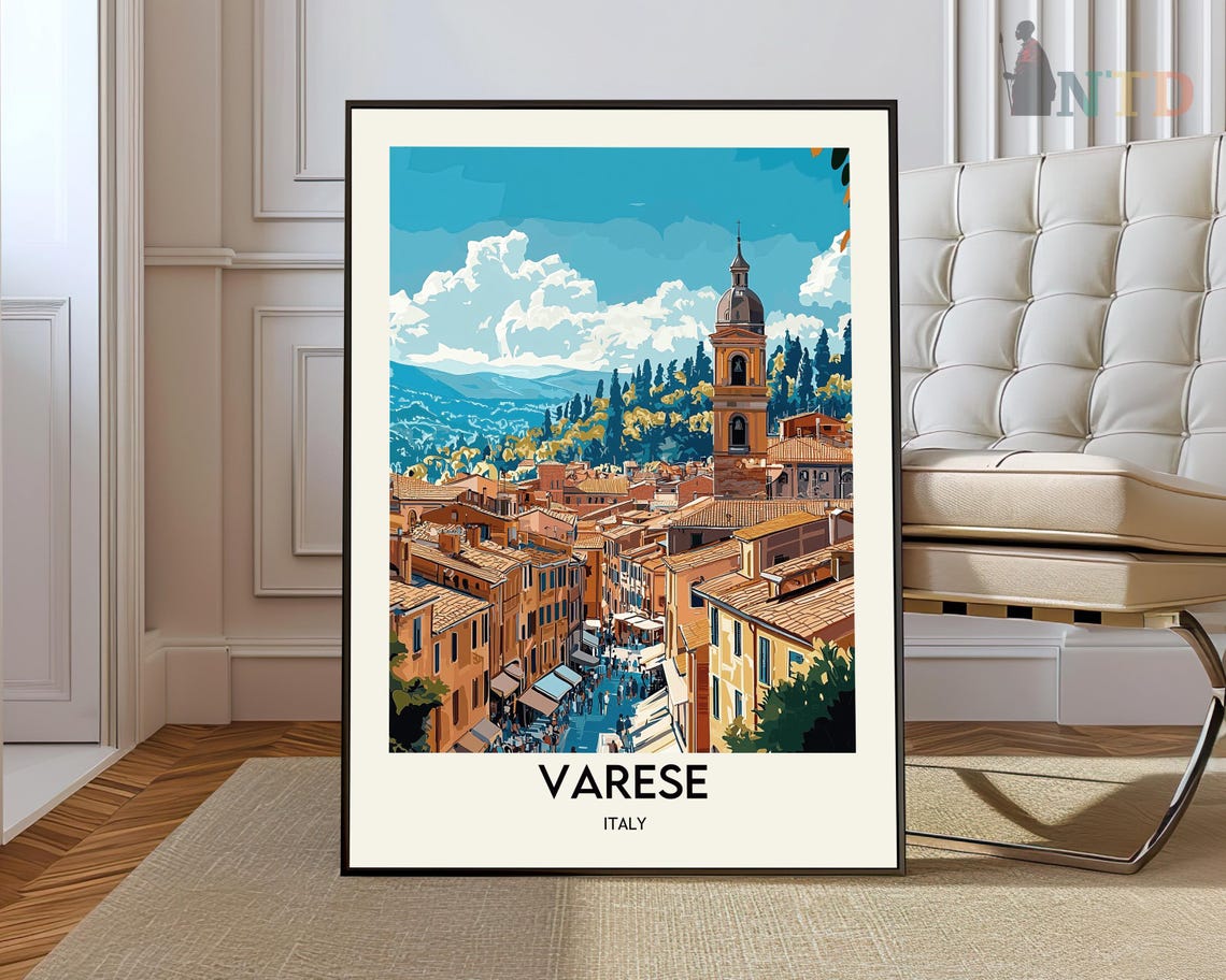 Varese Italy Old Town Rooftops and Bell Tower Vintage Travel Poster