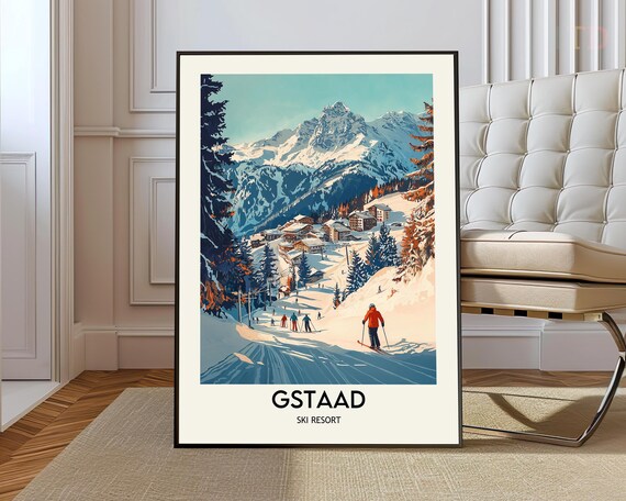 Gstaad Ski Resort Vintage Alpine Slopes Travel Poster Scene Art