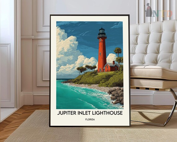 Jupiter Inlet Lighthouse Florida Rocky Shore Turquoise Water Coastal Travel Poster
