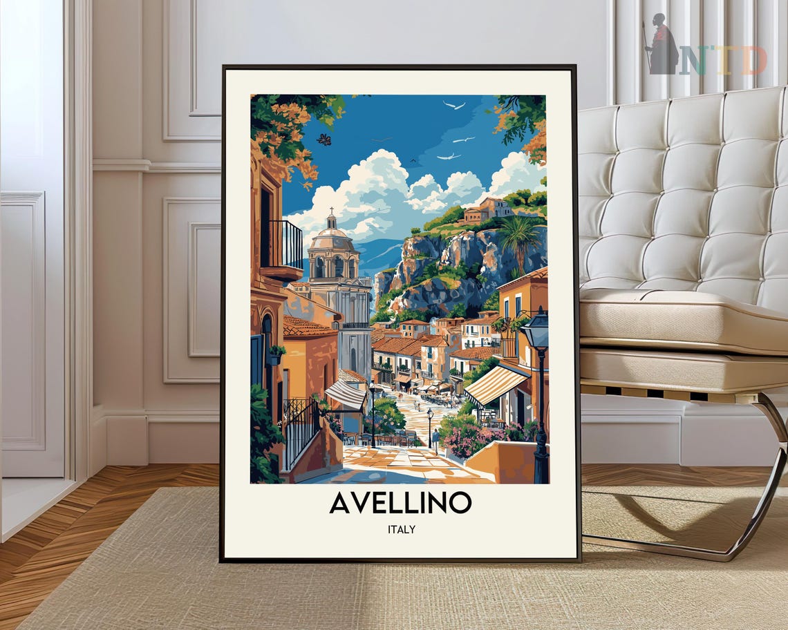 Avellino Italy Cliffside Old Town Domed Church Vintage Travel Poster