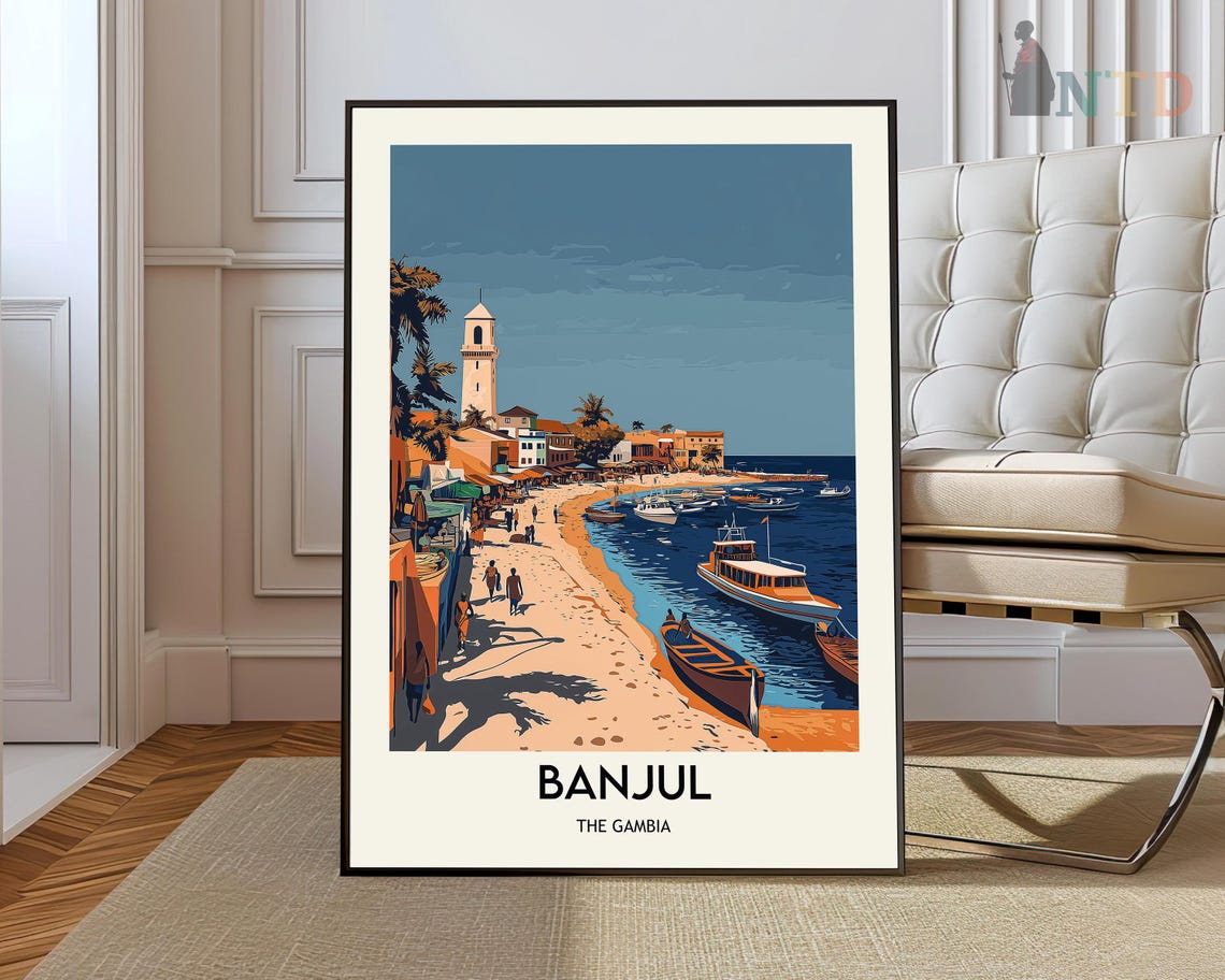 Banjul The Gambia Beach Boats Waterfront Tower Town Travel Poster
