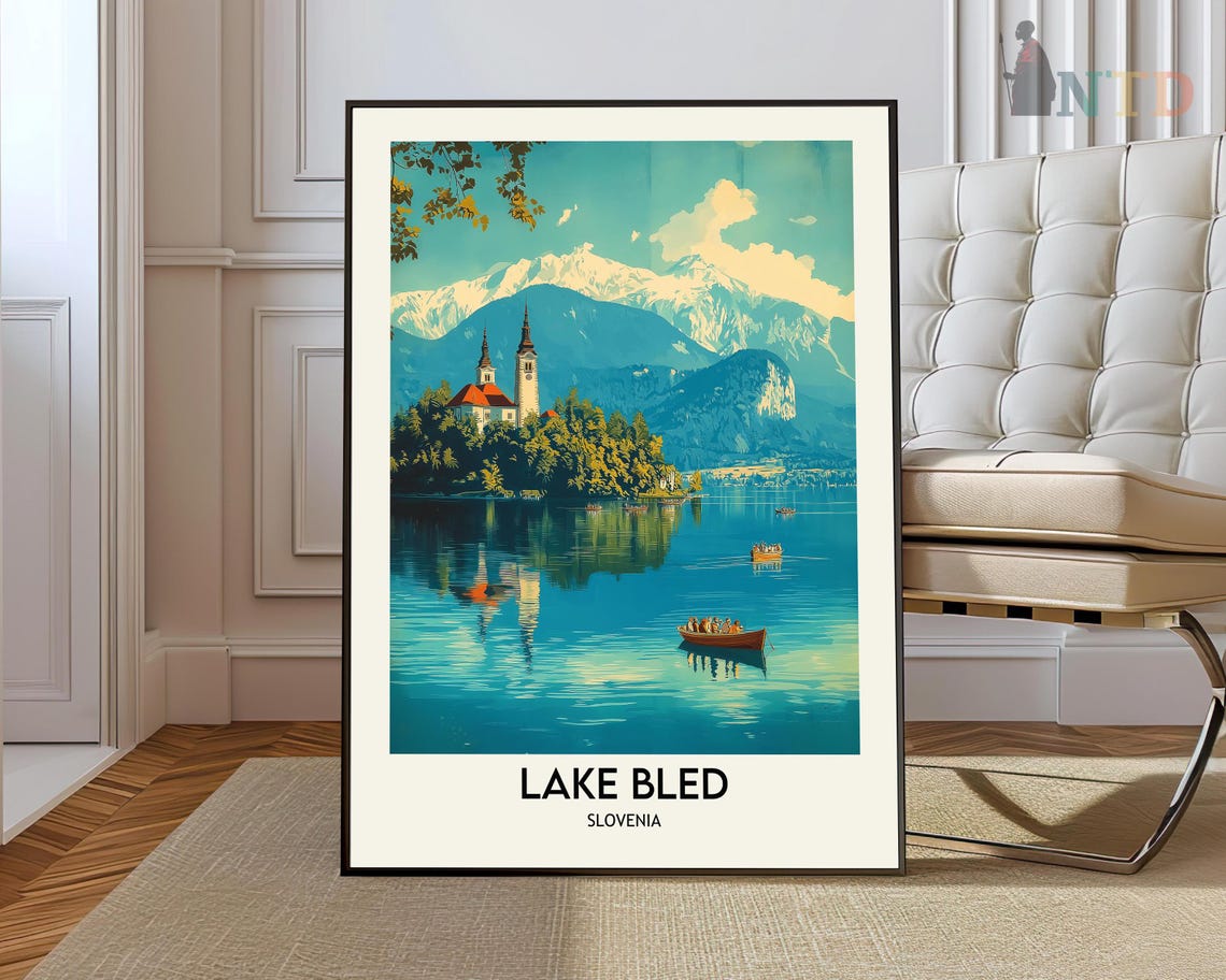 Lake Bled Slovenia Church Island Boats Vintage Travel Poster