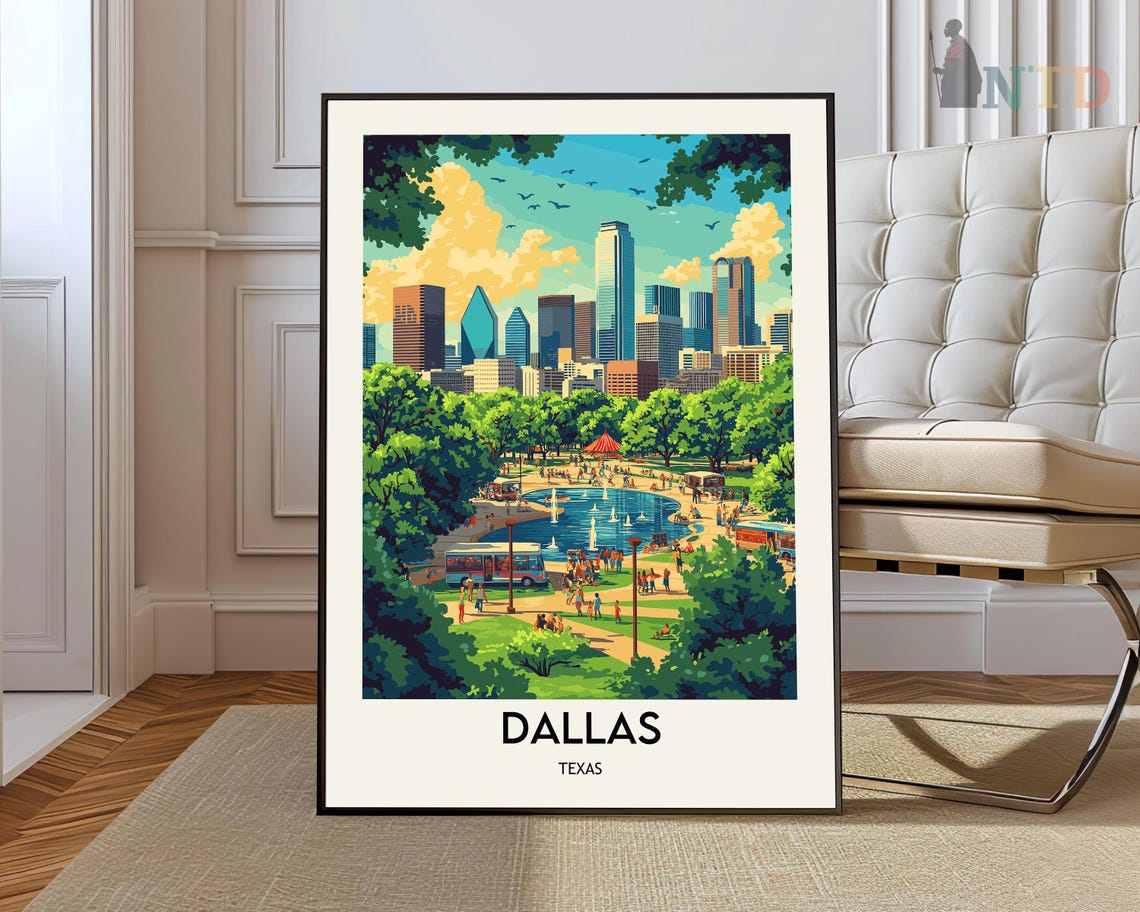Dallas Texas Skyline Park Fountain Crowds Summer City Day Poster