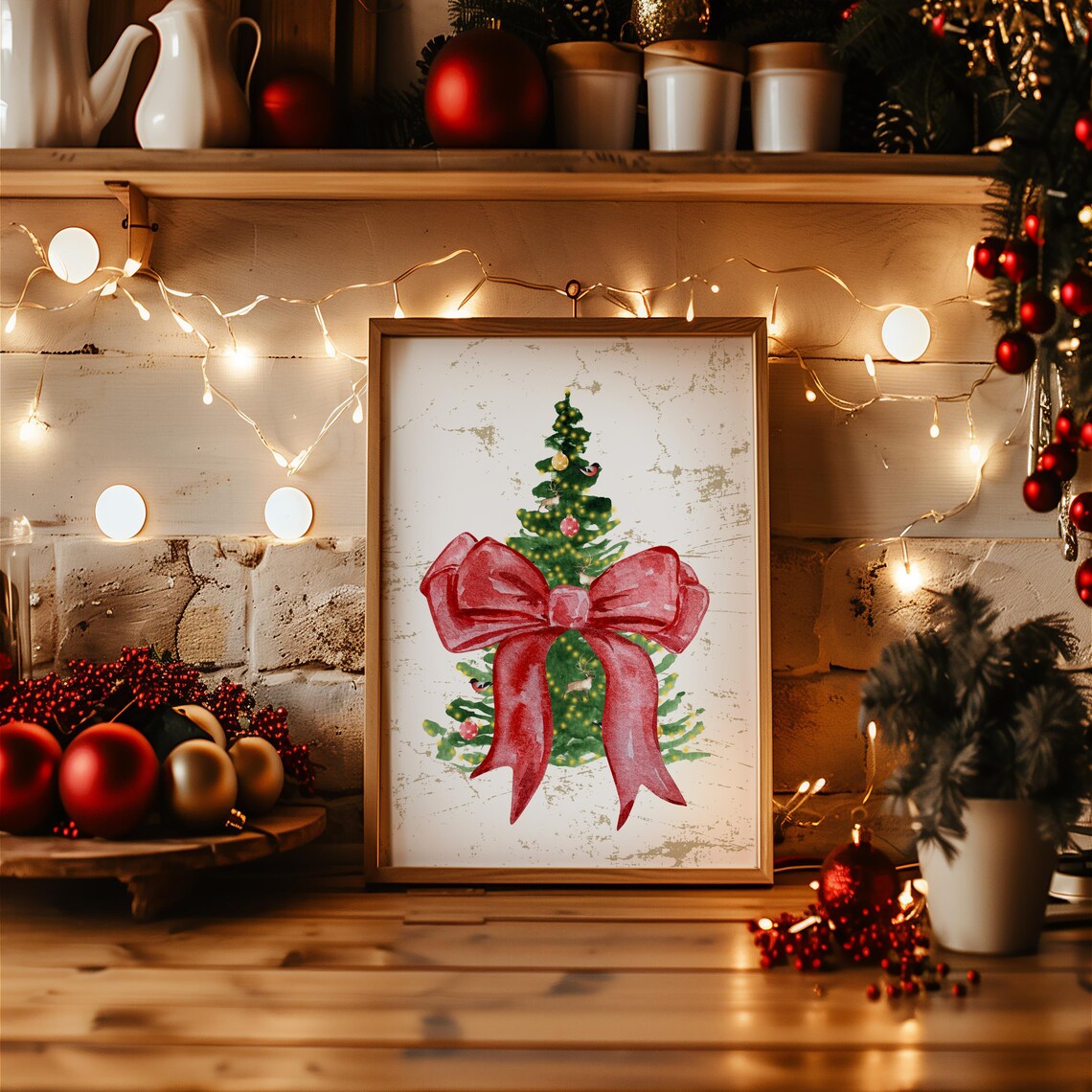 Watercolor Christmas Tree Poster Elegant Red Bow Holiday Home Decor Art - Image 3