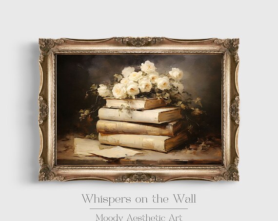 White Roses on Stack of Vintage Books Moody Still Life Poster