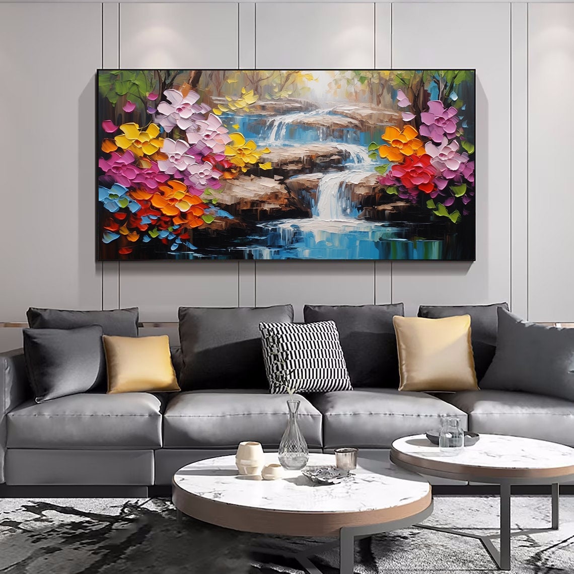 Rainbow Floral Waterfall Cascade Impasto Landscape Living Room Poster - Image 4
