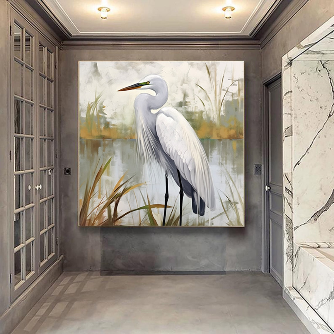 Elegant White Heron Wading In Soft Neutral Marsh Water Poster - Image 2