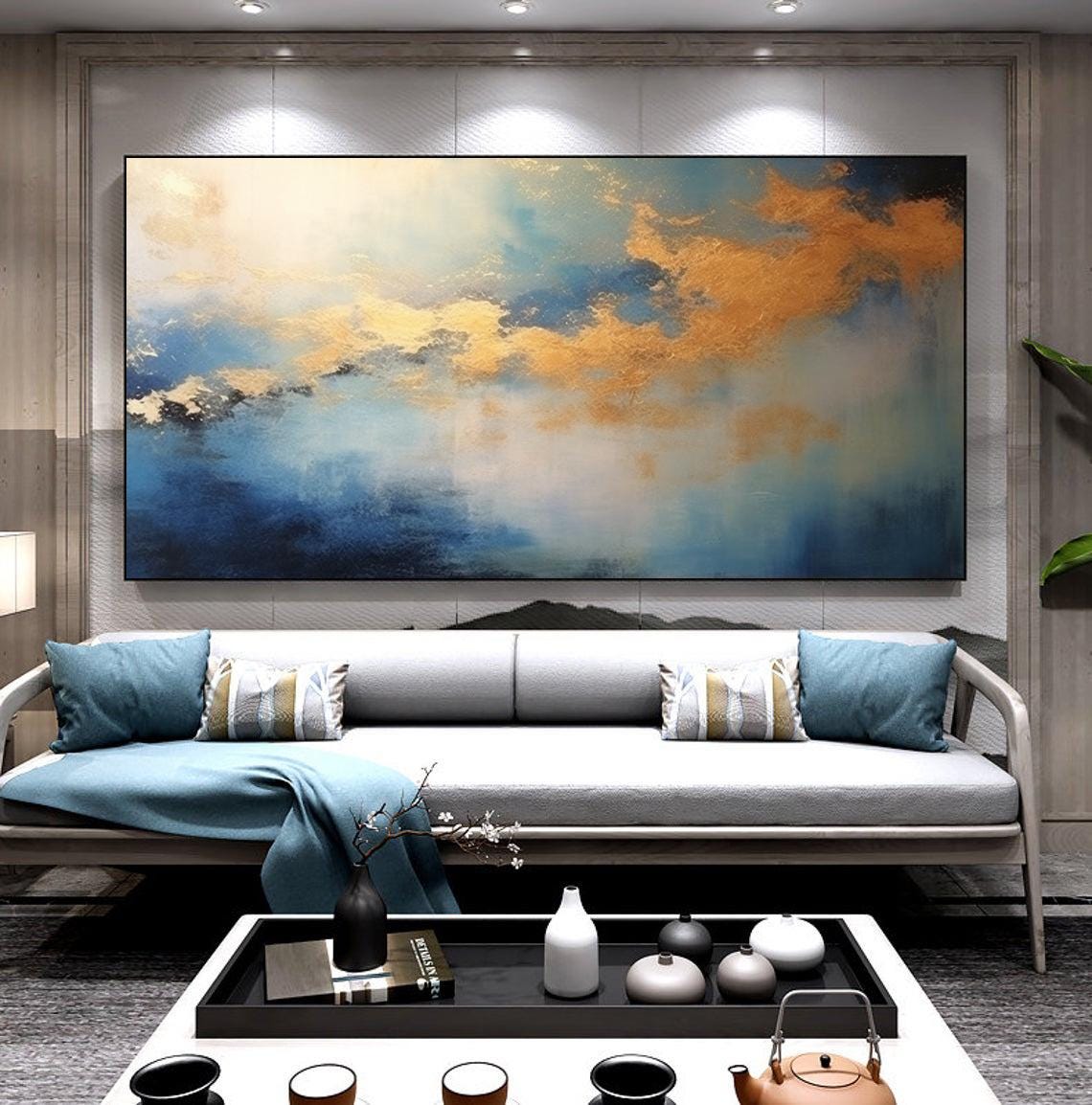 Gold Clouds Over Blue Sea Abstract Sky Modern Painting Poster - Image 6