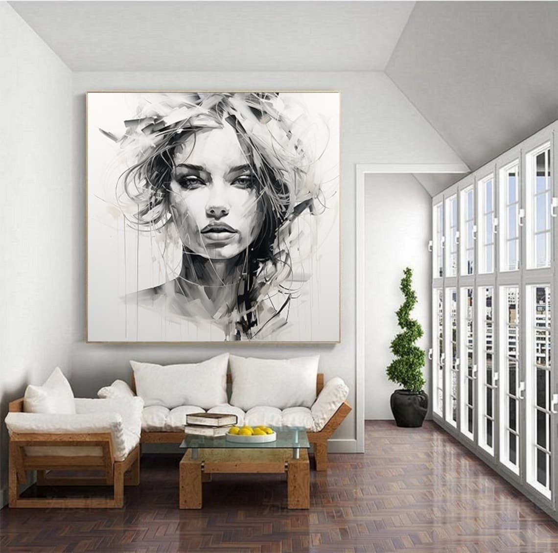 Monochrome Woman Face Expressive Sketch Portrait Ink Art Poster - Image 2