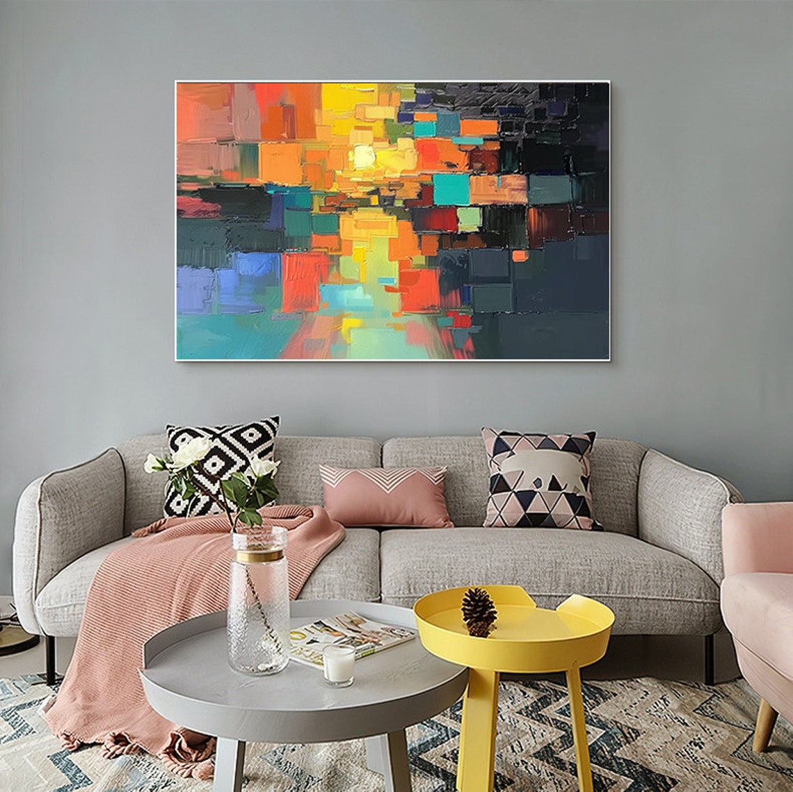 Vibrant Pixel Block Sunset Abstract City Glow Painting Poster - Image 4