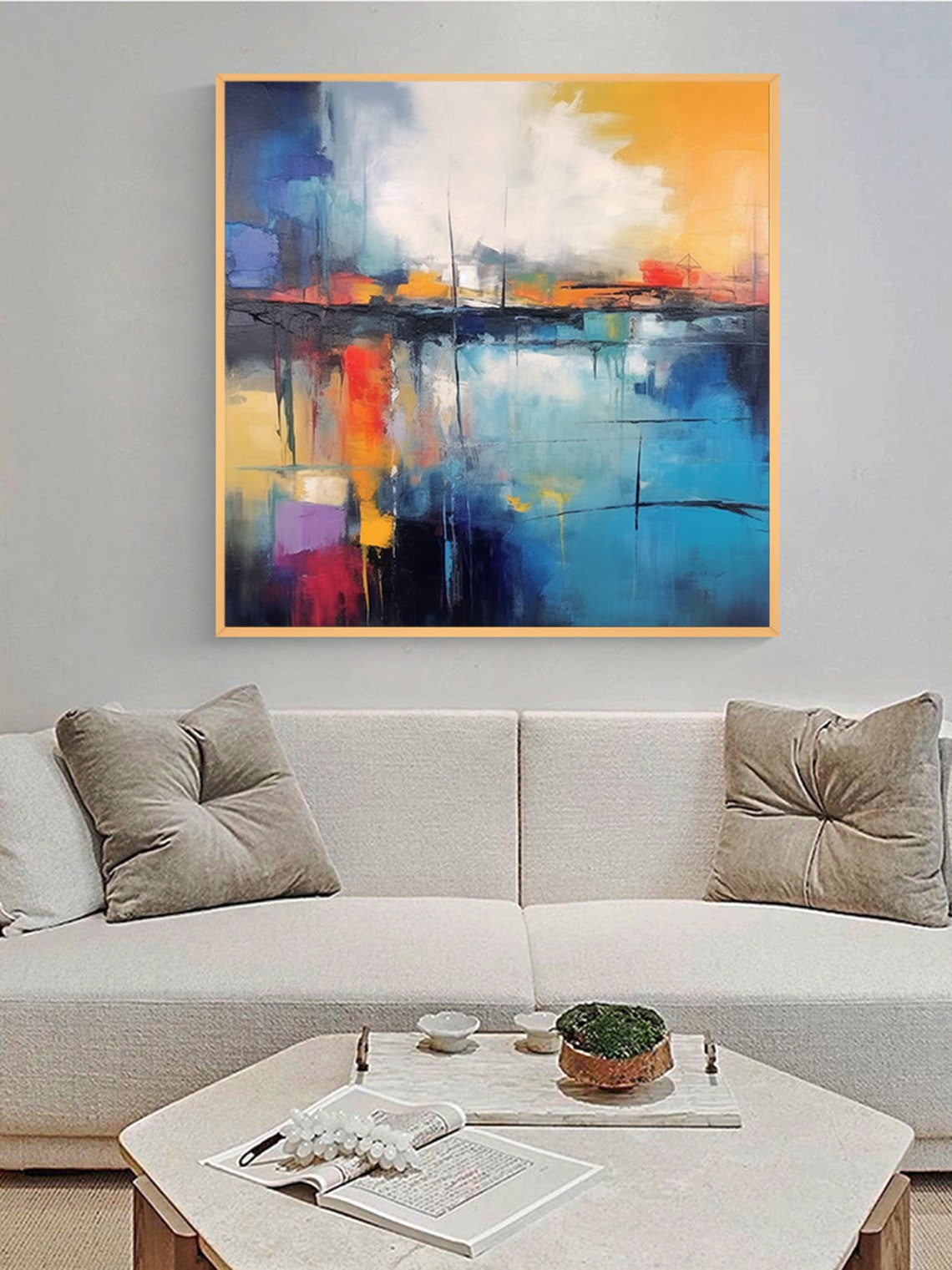 Abstract Harbor Reflection Painting In Blue Orange And Red Poster - Image 4
