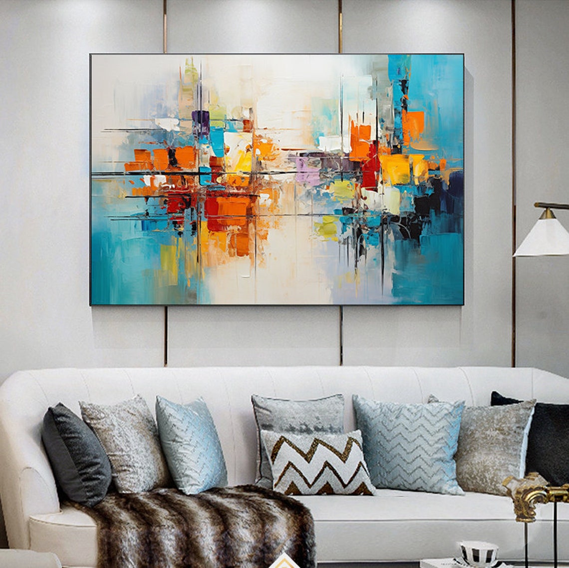 Lively Coastal Abstract Cityscape In Turquoise Orange White Poster - Image 5