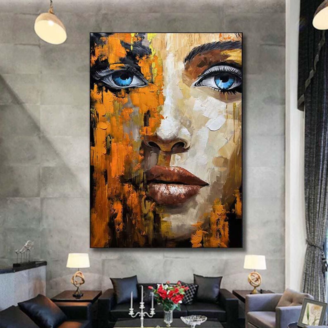Abstract Woman Face With Striking Blue Eyes in Orange Oil Poster - Image 5