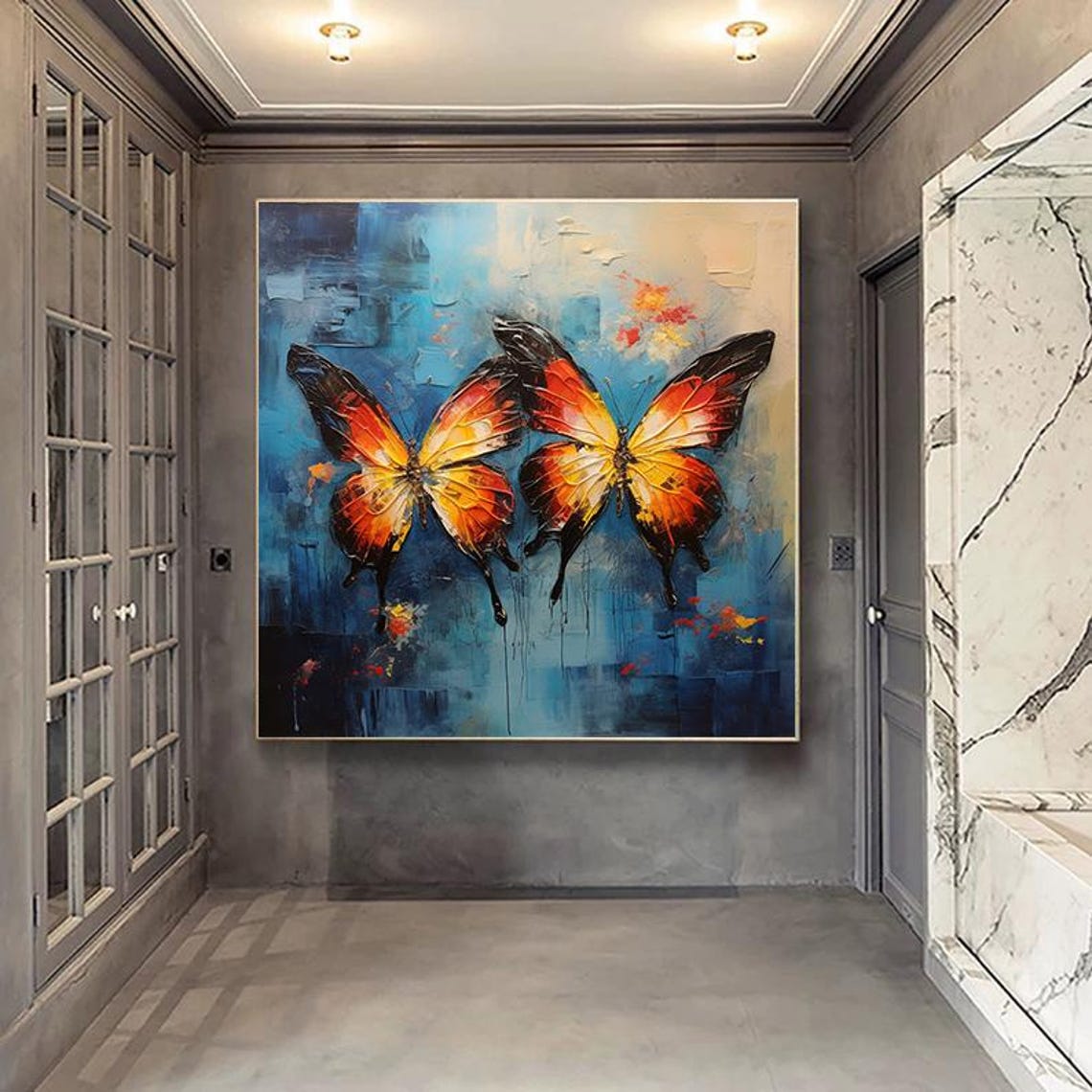 Orange Black Butterflies Blue Background Impasto Pair Art Poster - Image 2