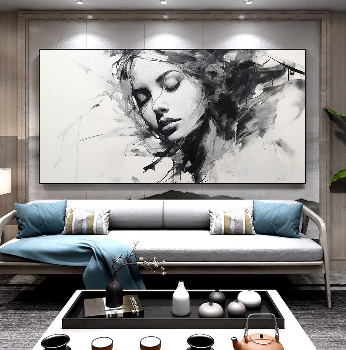 Black And White Woman Face Closed Eyes Abstract Portrait Poster - Image 3