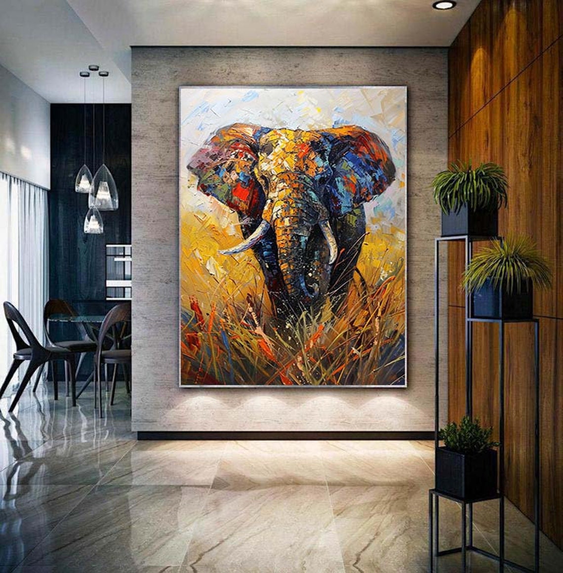 Colorful Elephant Head Golden Savanna Mosaic Portrait Poster - Image 2