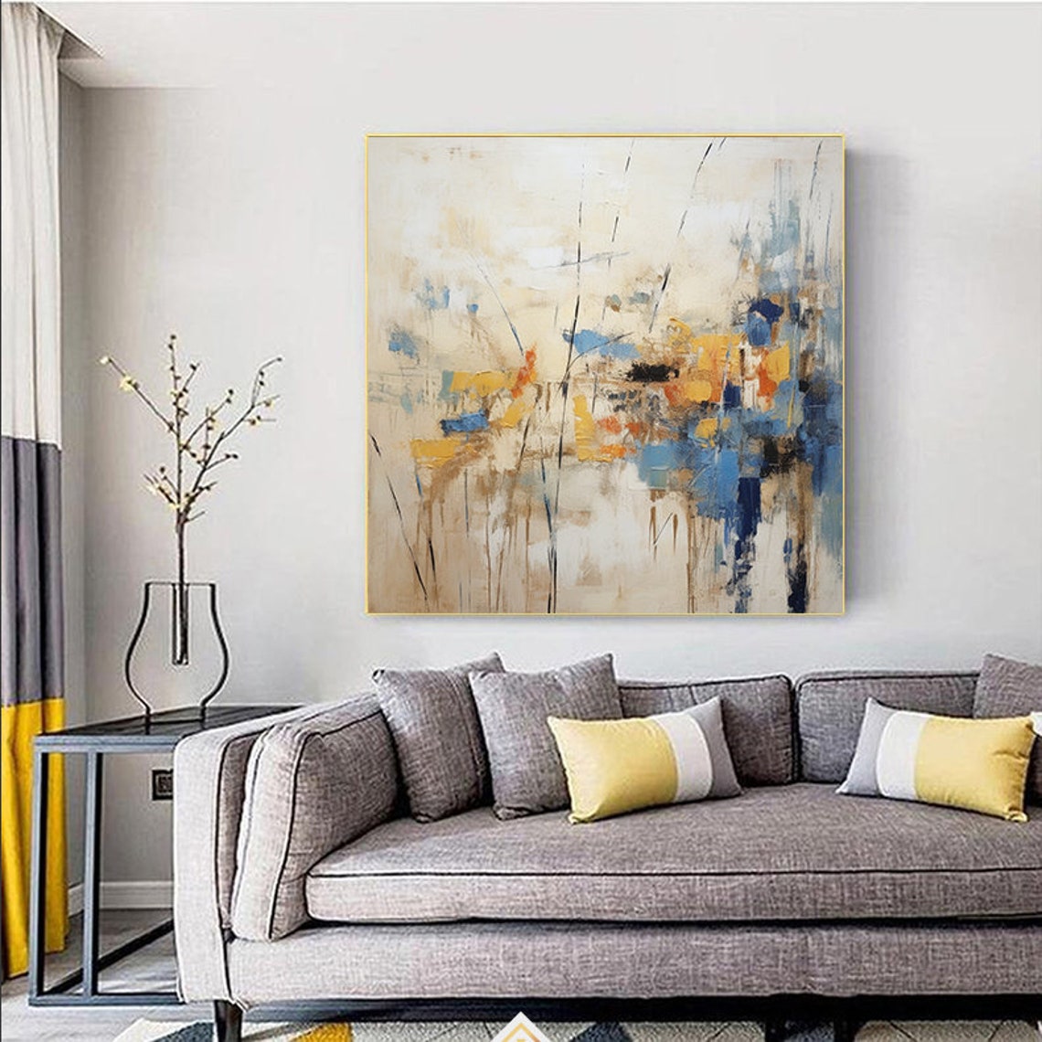 Cream Blue and Mustard Abstract Brushwork Square Wall Poster - Image 3