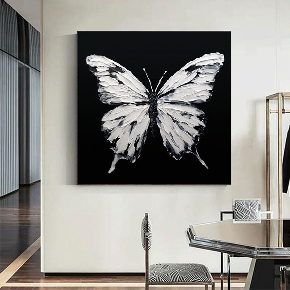 White Butterfly Black Background 3D Impasto Dramatic Art Poster - Image 6