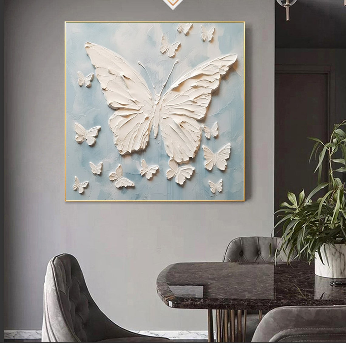 White 3D Butterfly Flight Light Blue Textured Relief Square Poster - Image 7