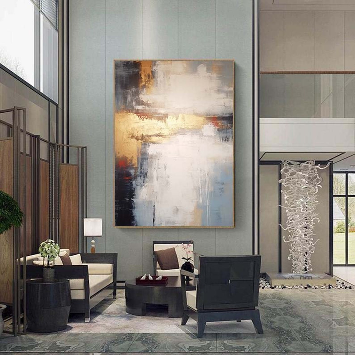 Gold White Slate Blue Textured Abstract Vertical Gallery Wall Poster - Image 4