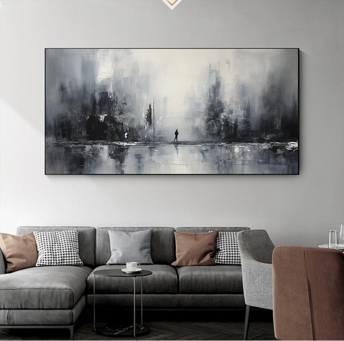 Monochrome Misty City Skyline With Lone Figure Oil Painting Poster - Image 7