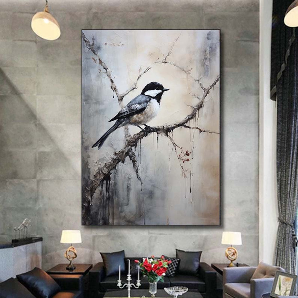Black And White Chickadee Perched On Branch Misty Art Poster - Image 7