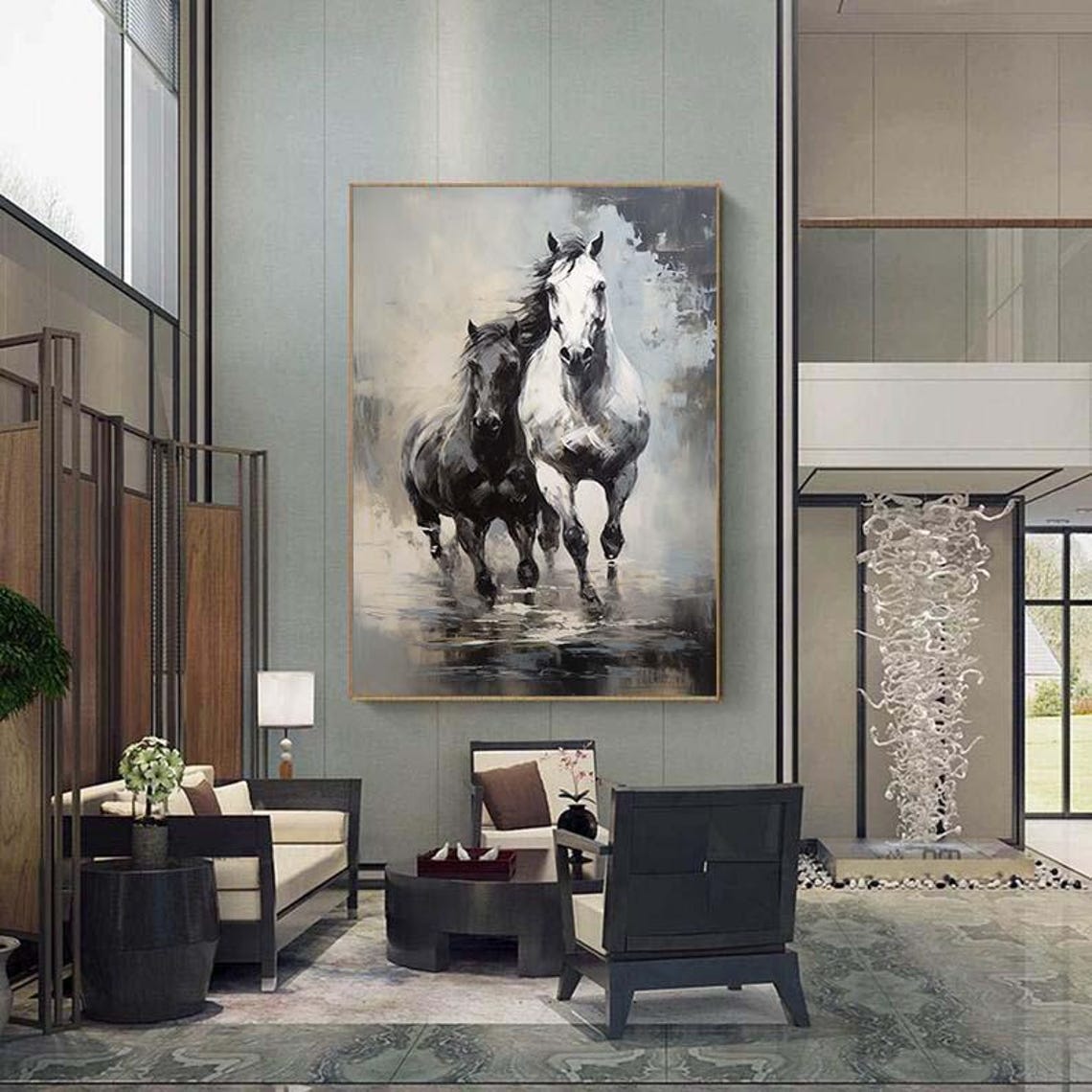 Black White Horses Running Monochrome Equine Gallop Art Poster - Image 5