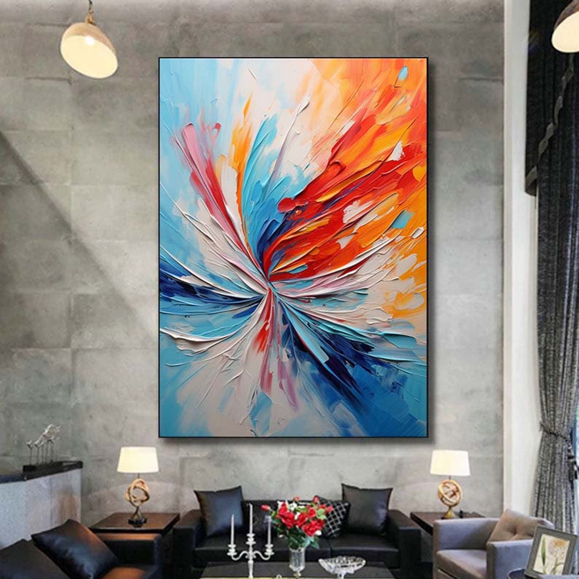 Fiery Red Blue Radial Fan Abstract Burst Impasto Wall Poster - Image 7