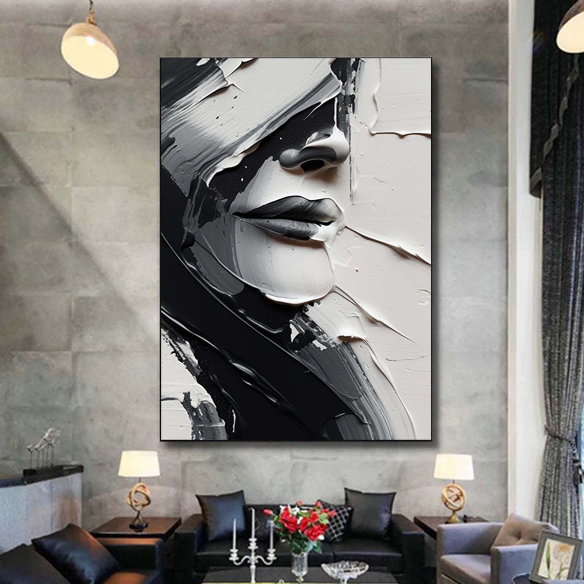 Black White Abstract Face Profile Textured 3D Oil Painting Poster - Image 5