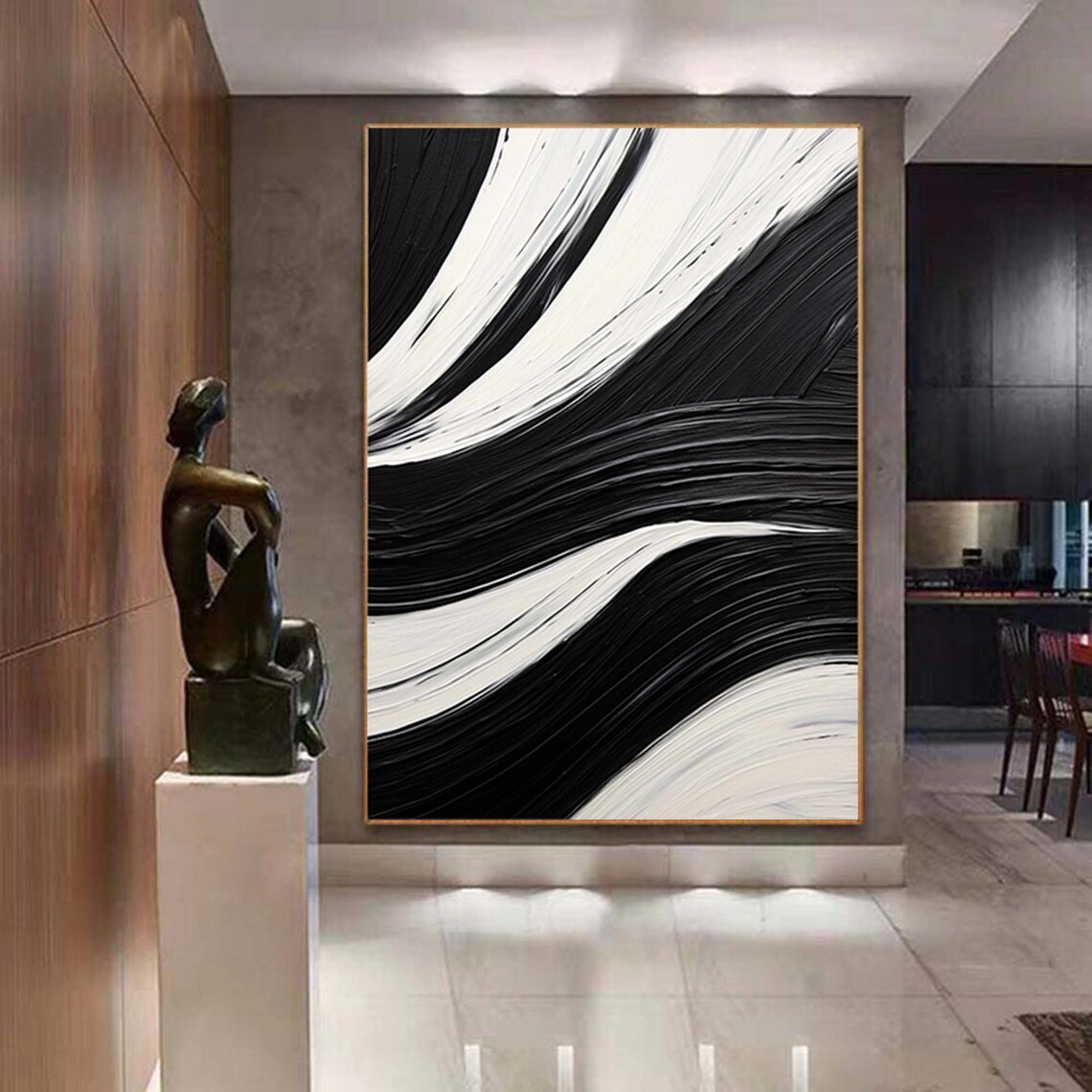 Minimalist Black And White Abstract Oil Painting Art Print - Image 3