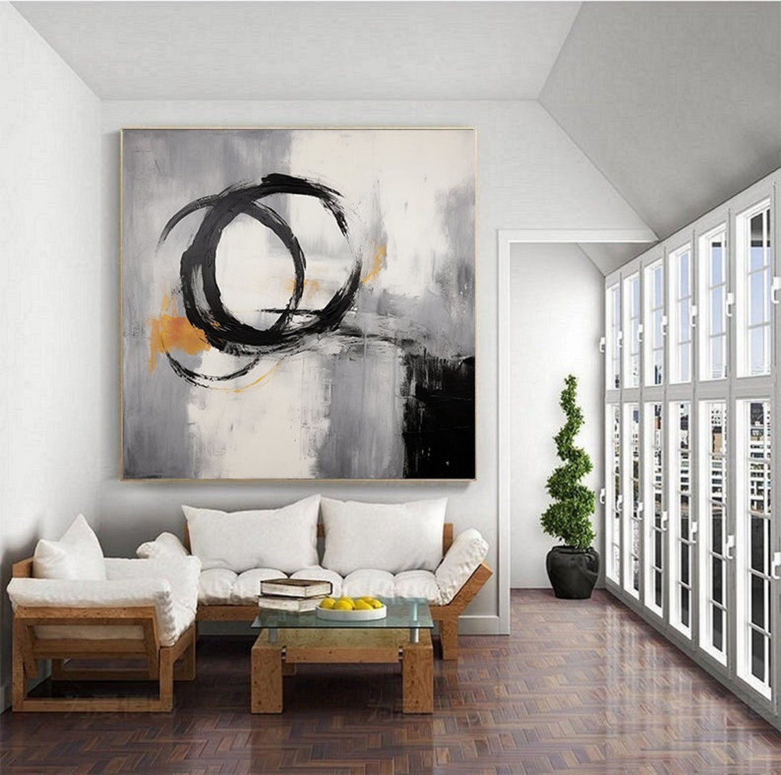 Black Enso Circle Gold Accent Grey Abstract Zen Brush Art Poster - Image 7