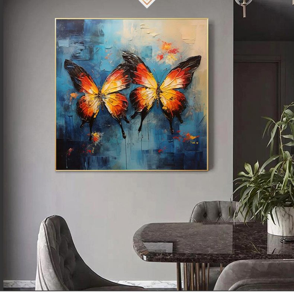 Orange Black Butterflies Blue Background Impasto Pair Art Poster - Image 7