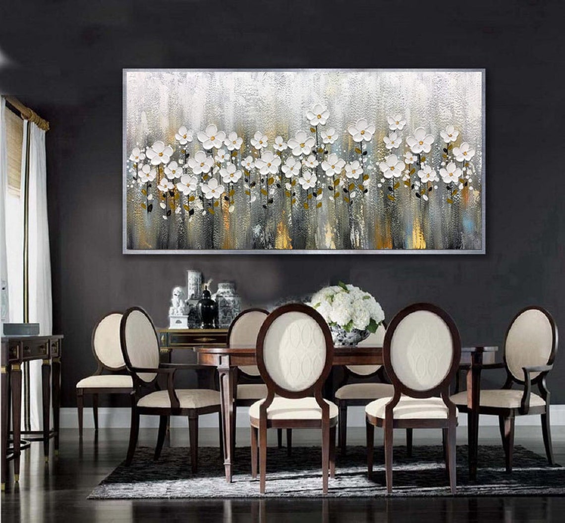 White Cherry Blossom Row Wide Silver Gold Floral Branch Poster - Image 4