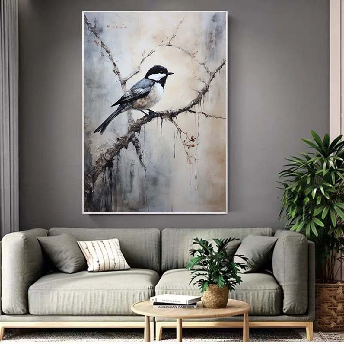 Black And White Chickadee Perched On Branch Misty Art Poster - Image 3