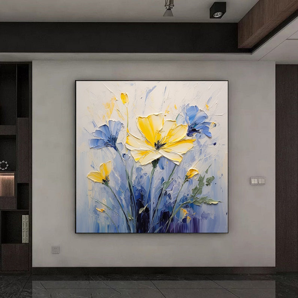 Yellow Spring Flowers and Blue Blooms Palette Knife Oil Poster - Image 3
