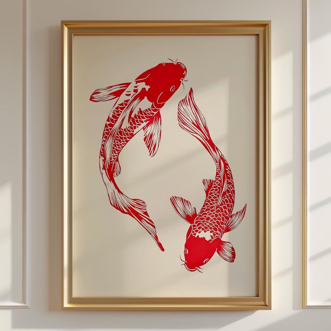 Two Red Koi Fish Circling Minimal Japanese Style Fish Art Poster