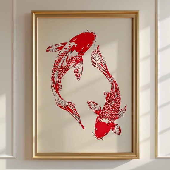 Red Koi Fish Art Print Vintage Japanese Wall Art Japanese Koi Illustration Poster Aesthetic Home Decor Trendy Japanese Artwork
