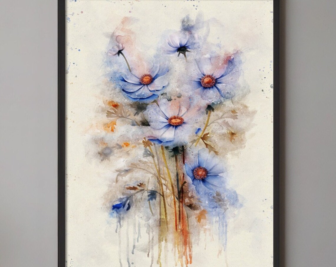 Delicate Blue Cosmos Watercolor Poster with Paint Drips on Cream Paper