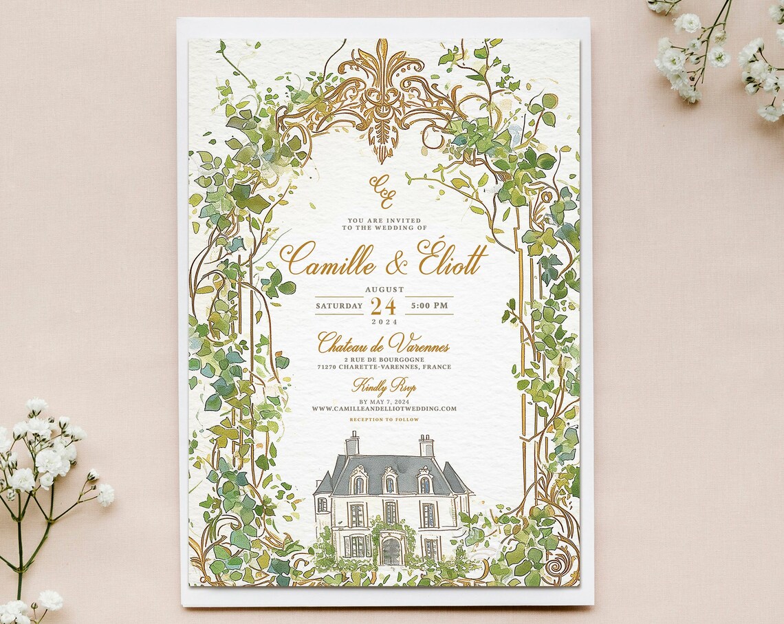French Chateau Wedding Invitation Design, Vintage Invite