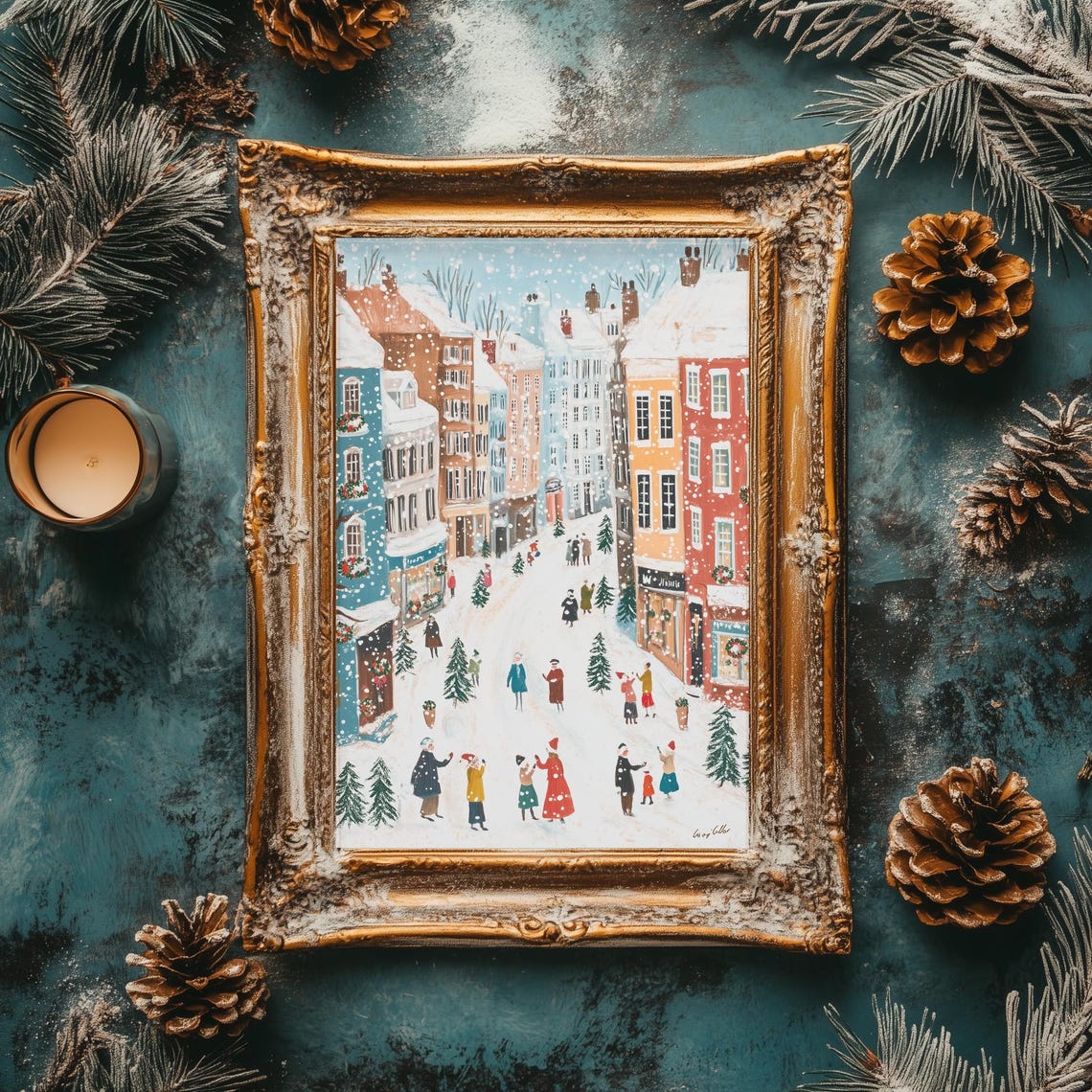 Snowy Christmas Street Shops People Pine Trees Festive Winter Poster - Image 2