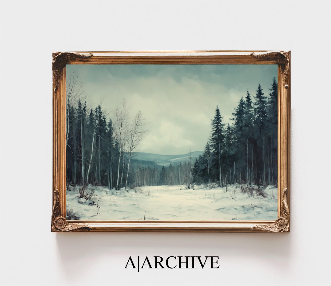 Snowy Valley Pine and Birch Forest Distant Mountains Winter Poster - Image 4