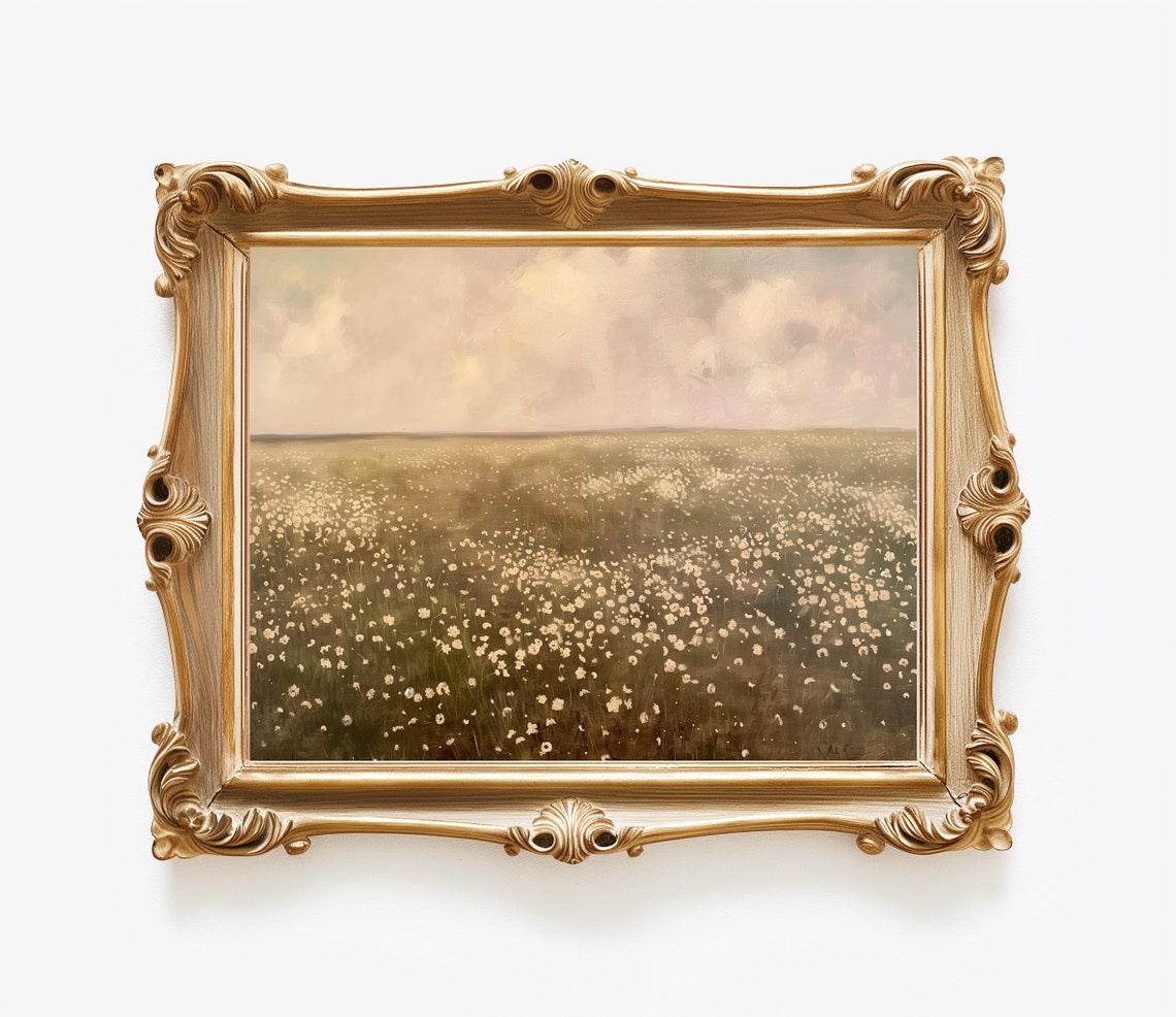 White Wildflower Meadow Hazy Sky Soft Floral Landscape Neutral Poster - Image 4